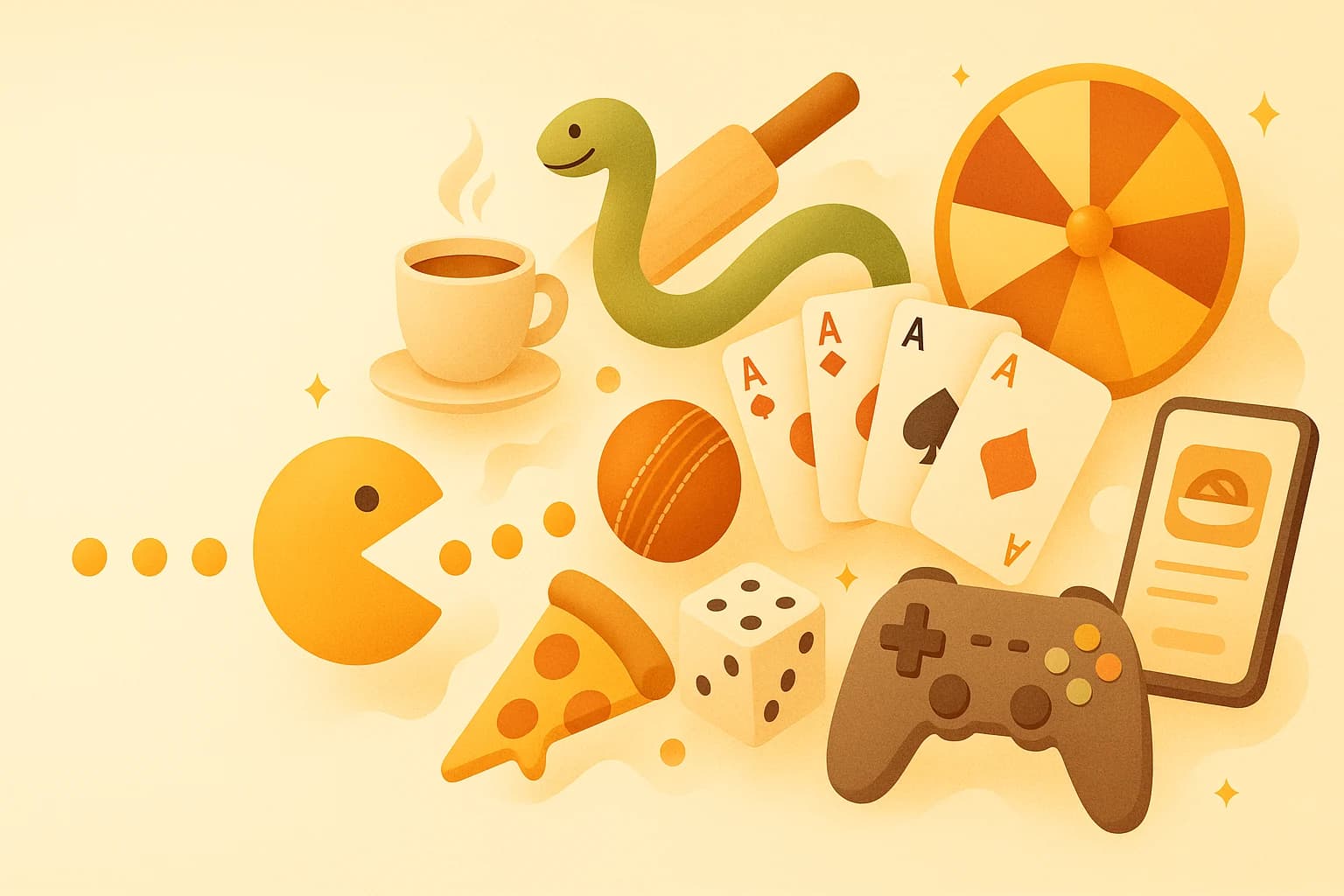Playful illustration of arcade and classic games with coffee and food