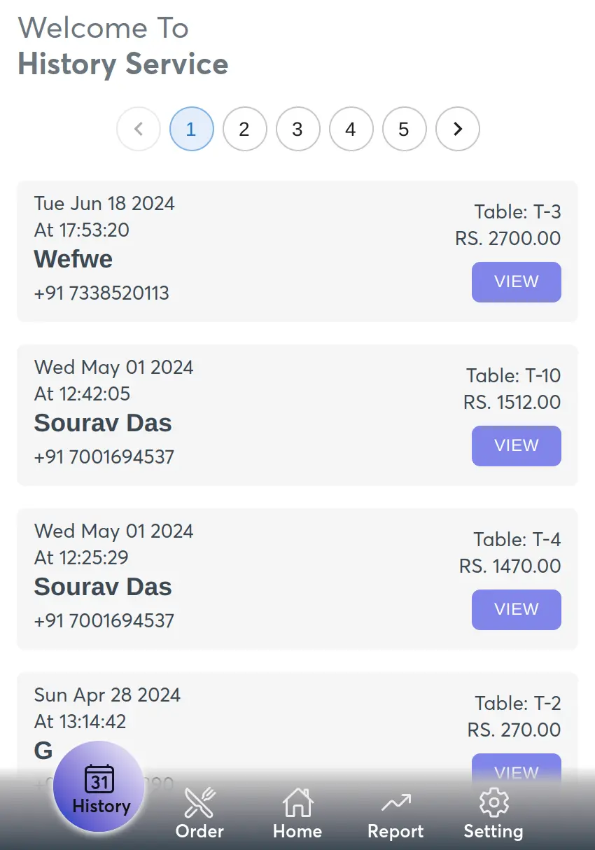 Order history dashboard showing real-time tracking