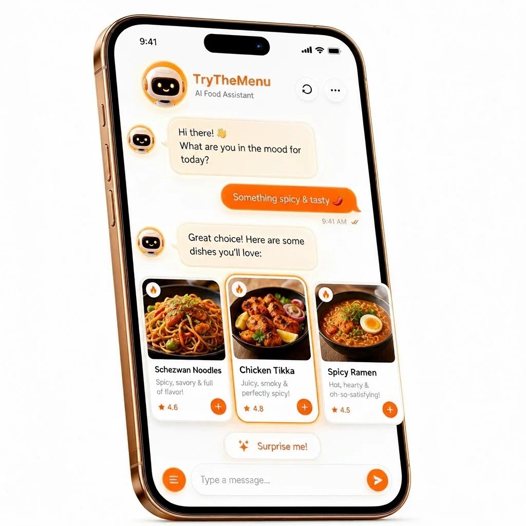 TryTheMenu AI waiter chatting with a guest and recommending dishes