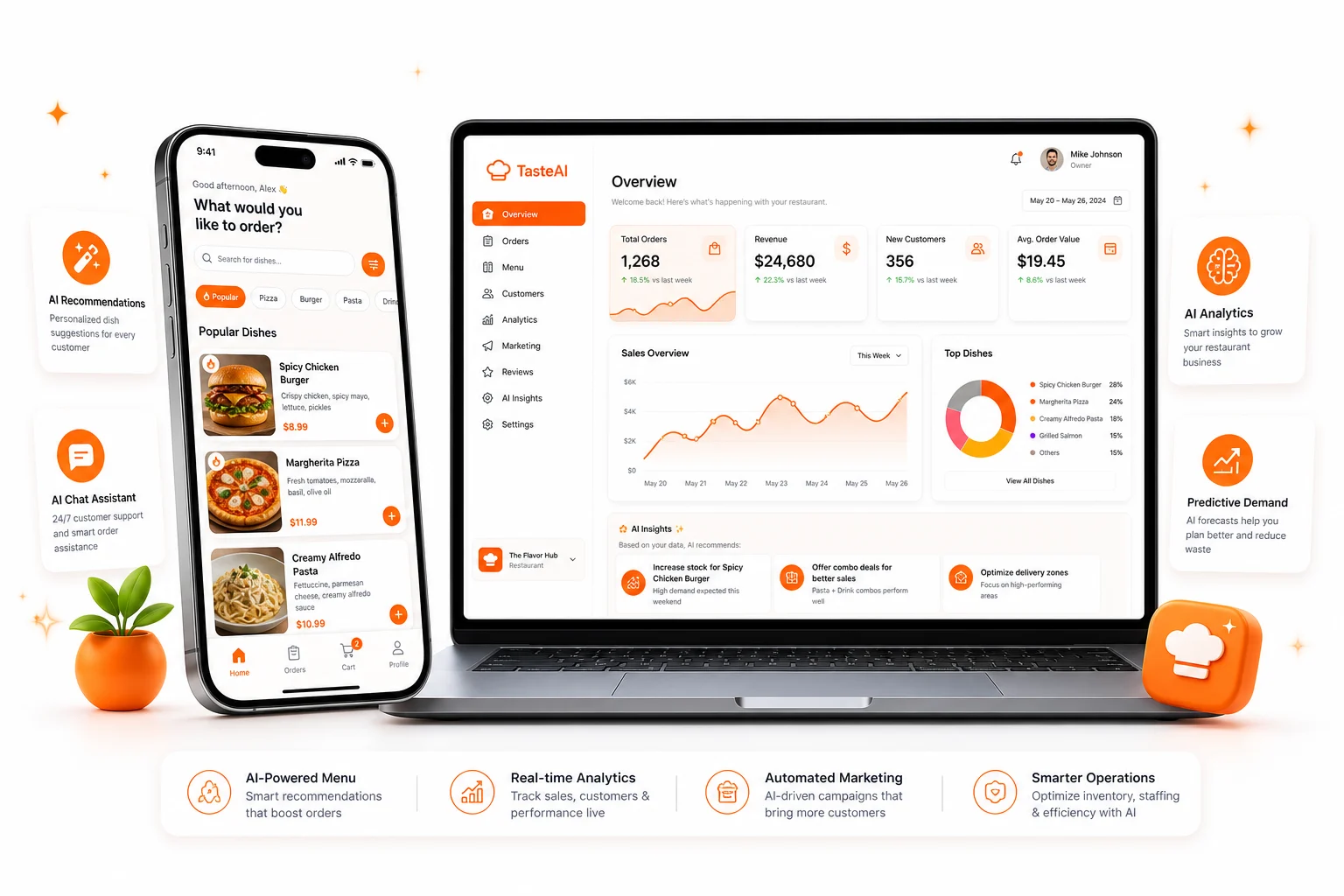 TryTheMenu AI ordering app and live restaurant dashboard on a phone and laptop
